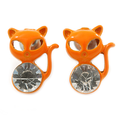 Teen's Orange Crystal Kitty Stud Earrings In Silver Tone Metal - 12mm Length