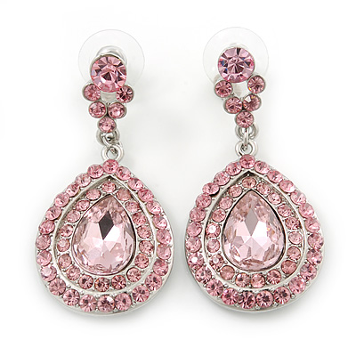 Light Pink Austrian Crystal Teardrop Earrings In Rhodium Plating - 50mm Length