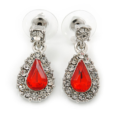 Small Red, Clear Crystal Teardrop Earrings In Rhodium Plating - 25mm Length