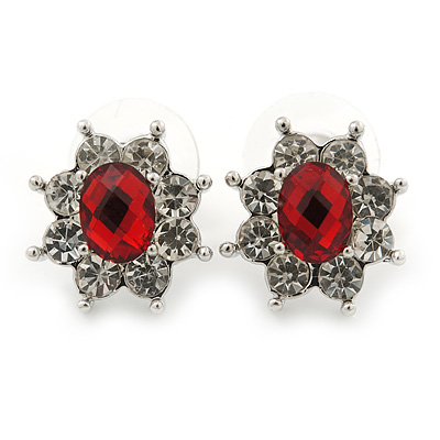 Small Ruby Red, Clear Diamante Stud Earrings In Silver Plating - 15mm In Length