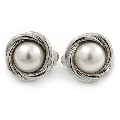 Small Button Shape Pearl Clip On Earrings In Rhodium Plating - 16mm Diameter - main view