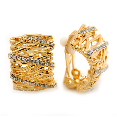 Gold Plated Crystal Filigree C Shape Clip On Earrings - 20mm Length - main view