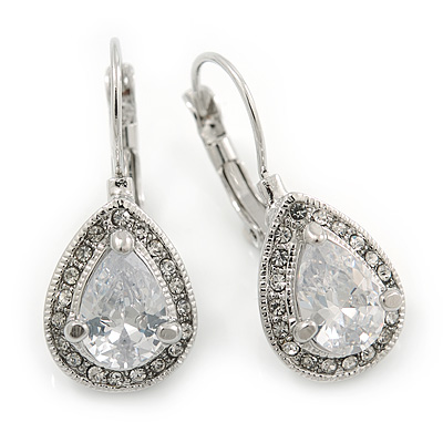 Classic Cz Teardrop Earrings With Leverback Closure In Rhodium Plating - 30mm Length - main view