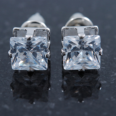 Cz Clear Square Stud Earrings In Silver Tone - 7mm