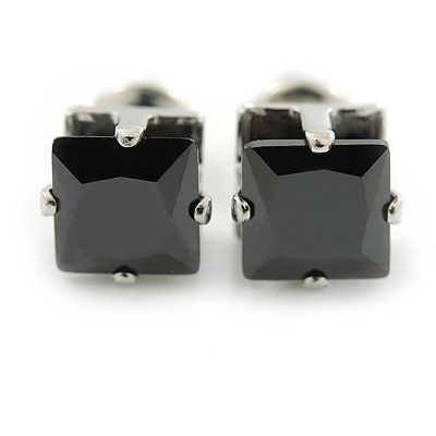 Cz Black Square Stud Earrings In Silver Tone - 7mm