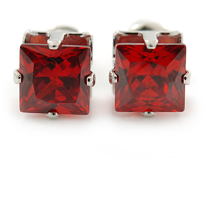 Cz Red Square Stud Earrings In Silver Tone - 7mm