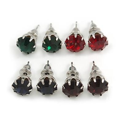 8mm Set Of 4 Round Jewelled Stud Earrings In Silver Tone Red/ Green/ Blue/ Purple