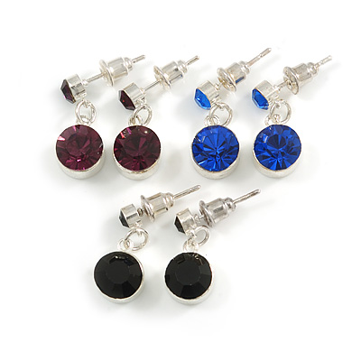 Small Sapphire Blue/ Black/ Deep Purple Crystal Drop Earrings In Silver Tone - 20mm L