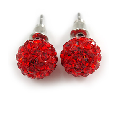 10mm Red Crystal Ball Stud Earrings In Silver Tone - main view