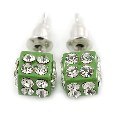 Light Green Enamel, Clear Crystal Dice Earrings In Silver Tone Metal - 7mm Diameter