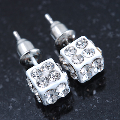 White Enamel, Clear Crystal Dice Earrings In Silver Tone Metal - 7mm Diameter