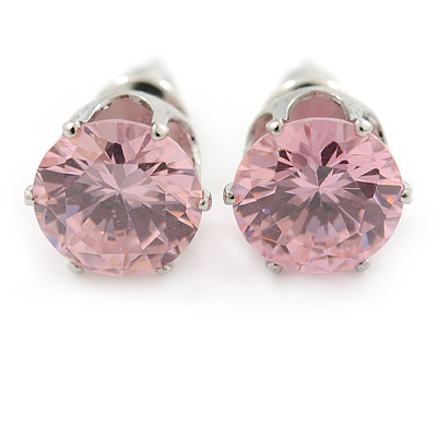 Pink CZ Round Cut Stud Earrings In Rhodium Plating - 8mm