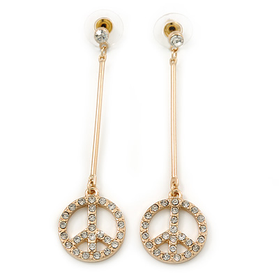 Gold Plated Clear Crystal 'Peace' Drop Earrings - 65mm Length