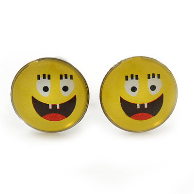Small Smiling Face Stud Earrings In Silver Tone - 9mm Diameter - main view