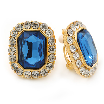 Gold Tone Clear, Blue Crystal Square Clip On Earrings - 23mm L