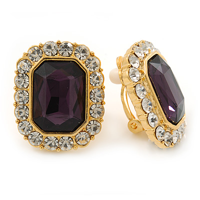 Gold Tone Clear, Purple Crystal Square Clip On Earrings - 23mm L