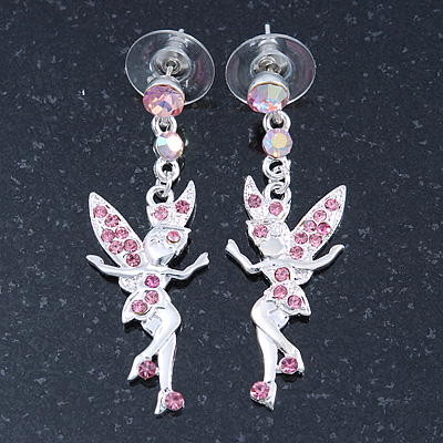 Pink Crystal Fairy Drop Earrings In Rhodium Plating - 45mm L