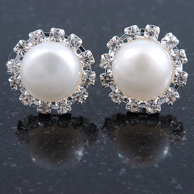 10mm White Freshwater Pearl, Crystal Stud Earrings In Rhodium Plating - 16mm Across