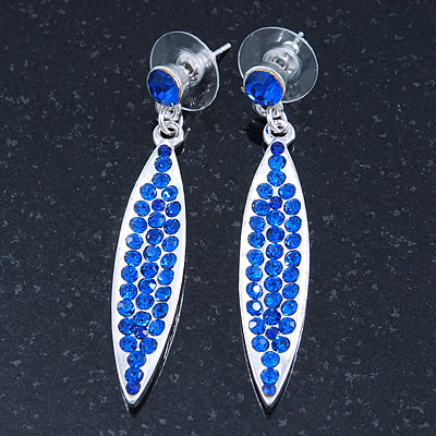 Sapphire Blue Austrian Crystal Leaf Drop Earrings In Rhodium Plating - 50mm L