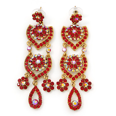 Divine Extravagance Red, AB Austrian Crystal Chandelier Earrings In Gold Tone - 80mm L - main view