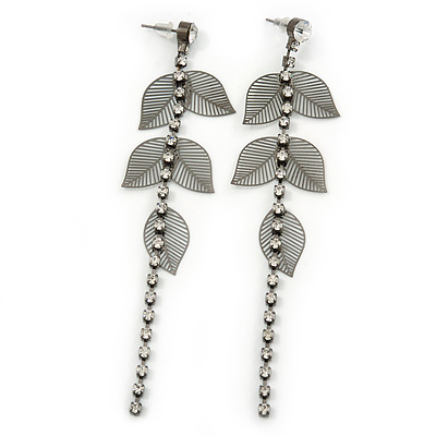 Long Crystal, Filigree Leaf Dangle Earrings In Black Tone - 11.5cm L