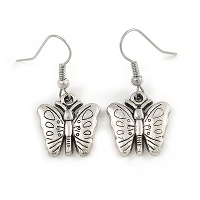 Vintage Inspired Etched Butterfly Drop Earrings In Pewter Tone - 33mm L