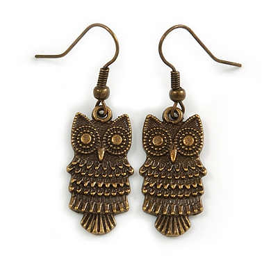Bronze Tone Owl Drop Earrings - 40mm L