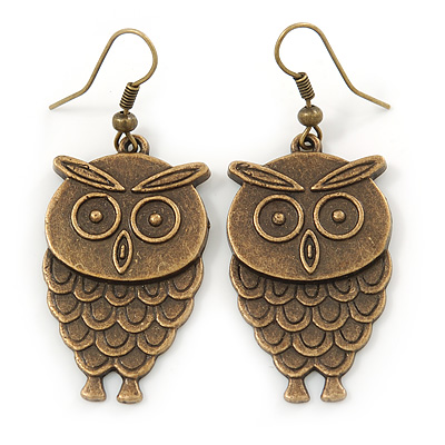 Bronze Tone Owl Drop Earrings - 50mm L