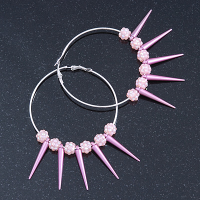 Oversized Slim Pink Spikes, Disko Balls Hoop Earrings In Silver Tone - 10cm L