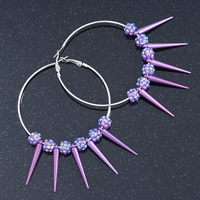 Oversized Slim Purple Spikes, Disko Balls Hoop Earrings In Silver Tone - 10cm L