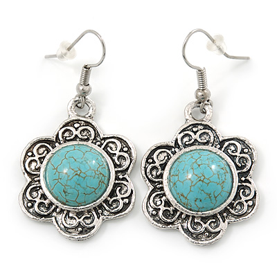 Vintage Inspired Floral Turquoise Floral Drop Earrings In Antique Silver Tone - 45mm L