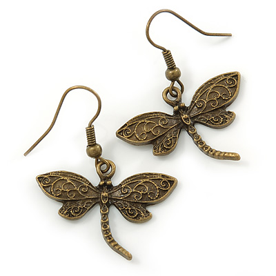 Bronze Tone Dragonfly Drop Earrings - 35mm L