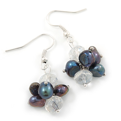 Peacock Freshwater Pearl, Clear Crystal Cluster Drop Earrings In Silver Tone - 40mm L - main view