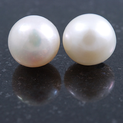 10mm White Off-Round Cultured Freshwater Pearl Stud Earrings In Silver Tone