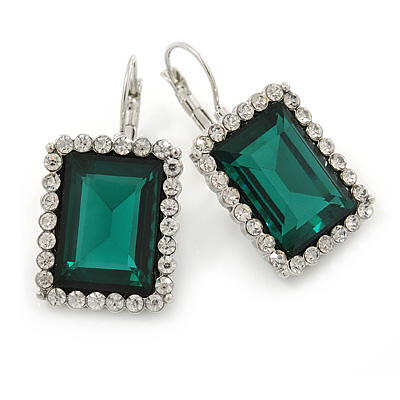 Emerald Green/ Clear CZ Square Drop Earrings With Leverback Closure In Rhodium Plating - 35mm L