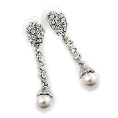 Bridal/ Wedding/ Prom Silver Tone Clear Crystal, 9mm Simulated Pearl Flower Linear Earrings - 50mm L