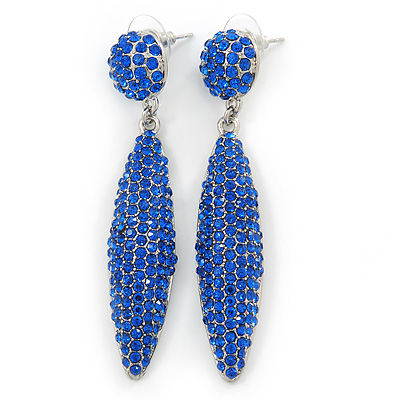 Sapphire Blue Austrian Crystal Leaf Drop Earrings In Rhodium Plating - 65mm L