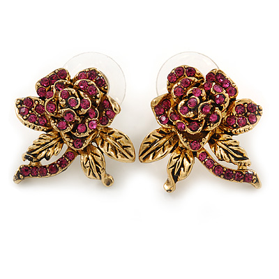 Vintage Inspired Fuchsia Crystal Rose Stud Earrings In Gold Tone - 25mm L