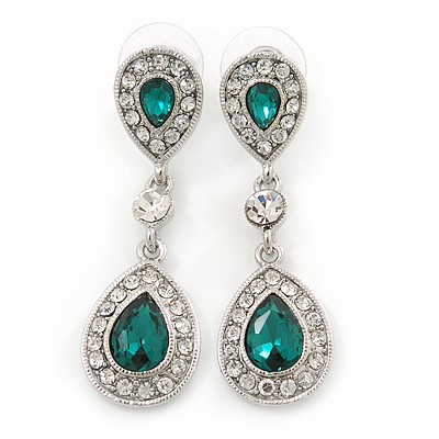 Bridal/ Wedding/ Prom Emerald Green/ Clear CZ Teardrop Earrings In Rhodium Plating - 50mm L - main view