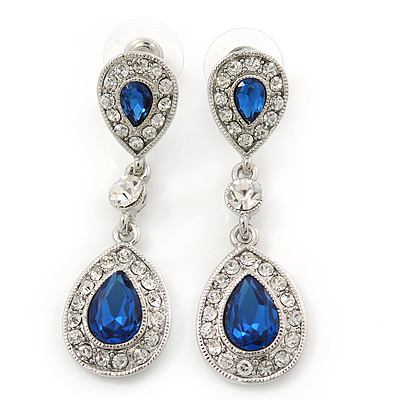 Bridal/ Wedding/ Prom Royal Blue/ Clear CZ Teardrop Earrings In Rhodium Plating - 50mm L