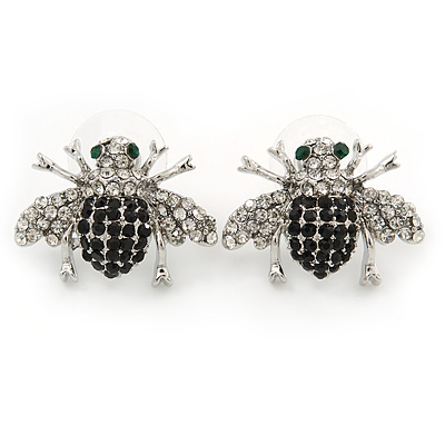 Quirky Black/ Clear Austrian Crystal 'Fly' Stud Earrings In Rhodium Plating - 23mm W