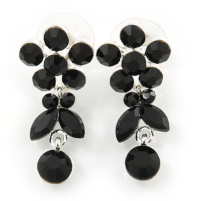 Delicate Black Crystal Flower & Butterfly Drop Earrings In Rhodium Plating - 35mm L - main view