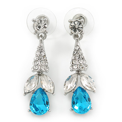 Clear/ Teal Blue CZ, Crystal Drop Sensation Earrings In Rhodium Plating - 37mm L - main view