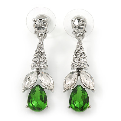 Clear/ Green CZ, Crystal Drop Sensation Earrings In Rhodium Plating - 37mm L