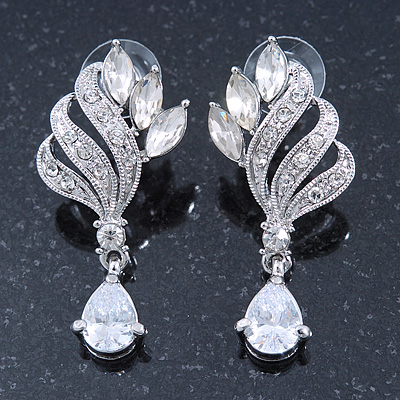 Bridal/ Wedding/ Prom Clear Cz Leaf Drop Earrings In Rhodium Plating - 45mm L - main view