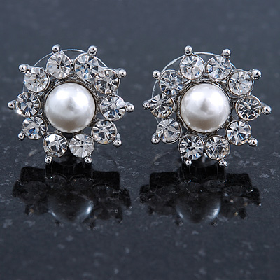 Teen Small Crystal, Simulated Pearl 'Flower' Stud Earrings In Rhodium Plating - 15mm D