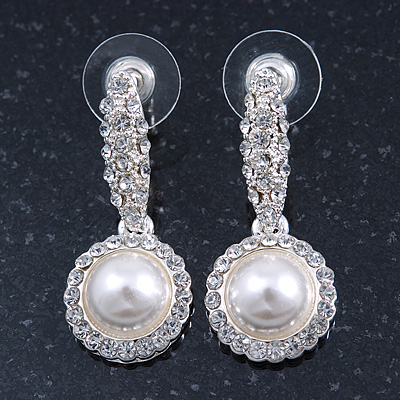 Bridal/ Wedding/ Prom Silver Tone Clear Crystal, Simulated Pearl Flower Linear Earrings - 35mm L