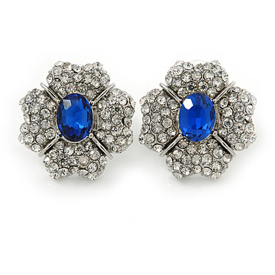 Clear/ Sapphire Blue CZ Floral Stud Earrings In Rhodium Plating - 20mm L