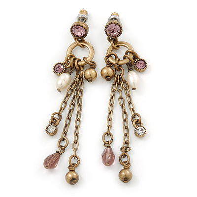 Antique Gold Bead Chain Earrings - 70mm L - main view