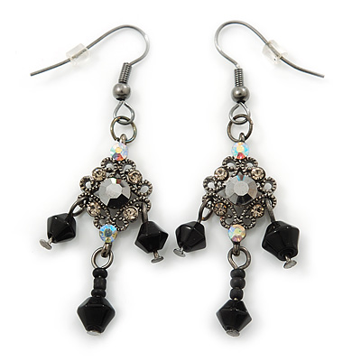 Victorian Style Black, Hematite Bead Drop Earrings In Black Tone - 50mm L